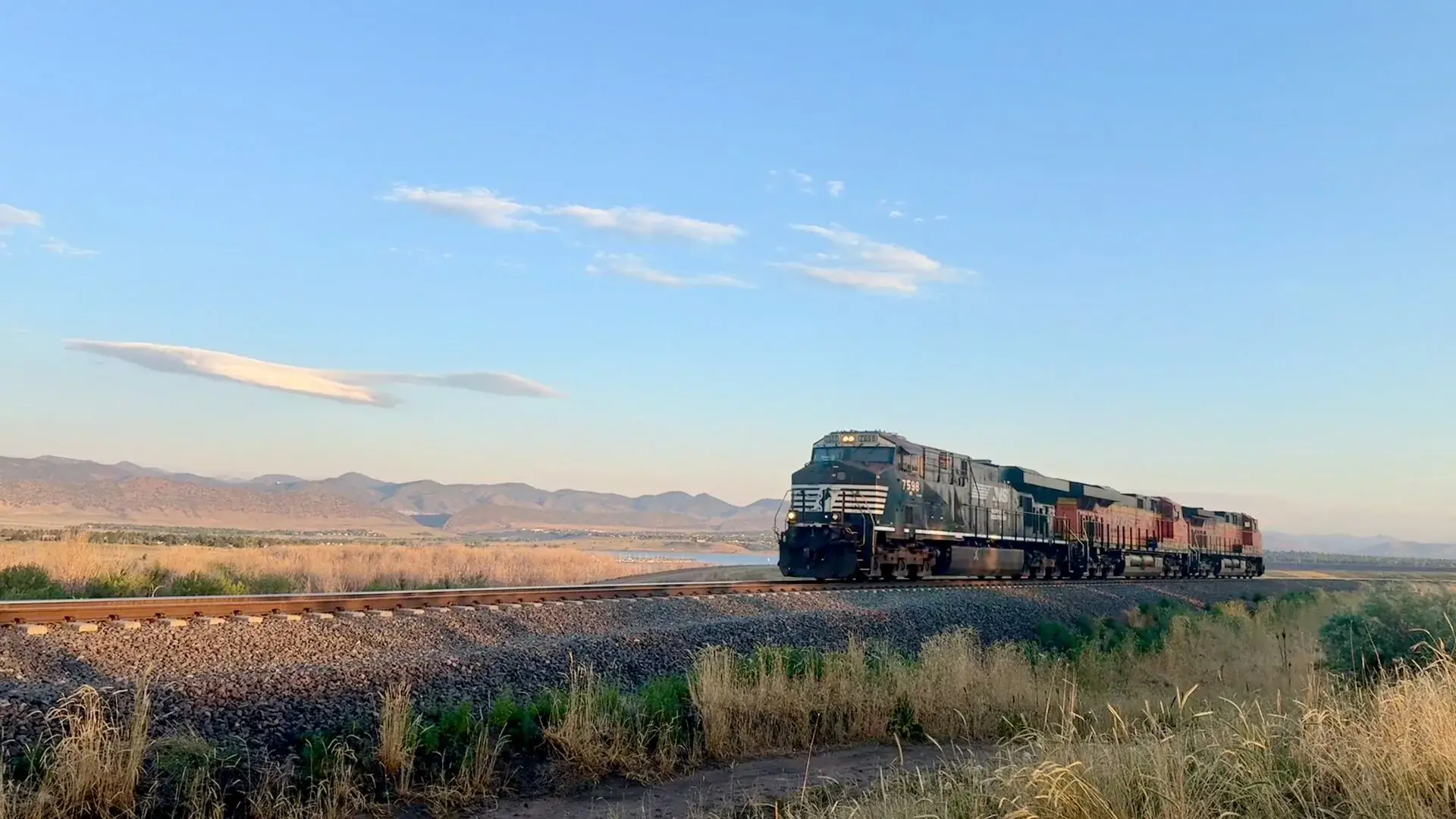 A freight train crossing the plains east of the Front Range