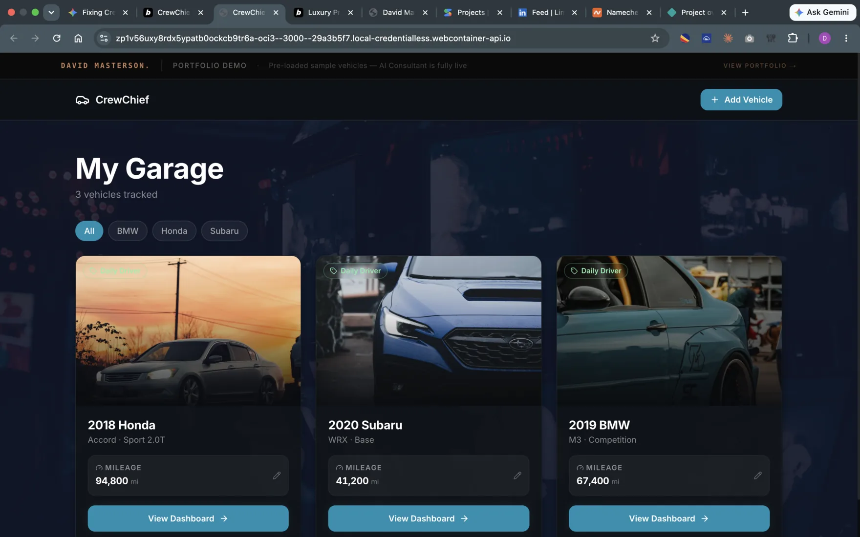 CrewChief — My Garage dashboard