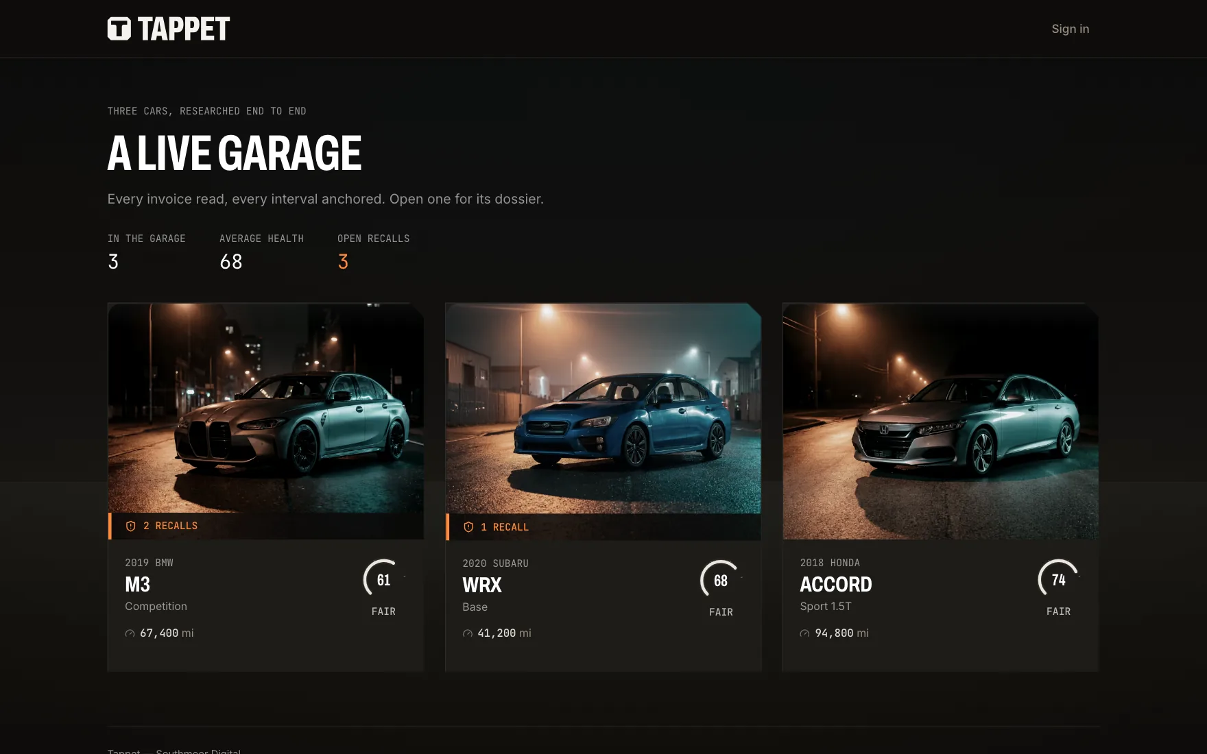 Tappet — the garage: three cars with their health scores, mileage and open recalls
