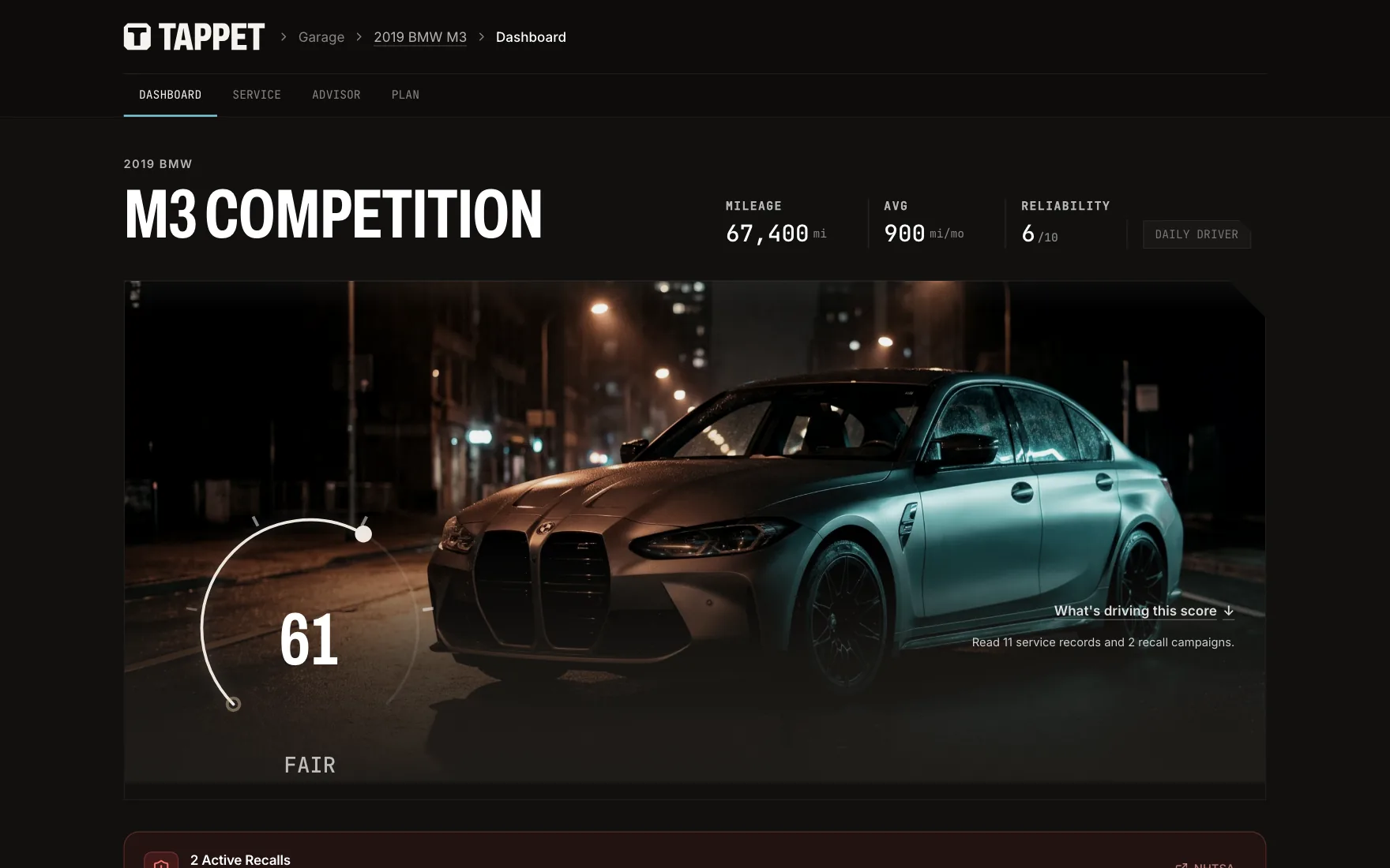 Tappet — a car’s dashboard, the health score drawn over the car